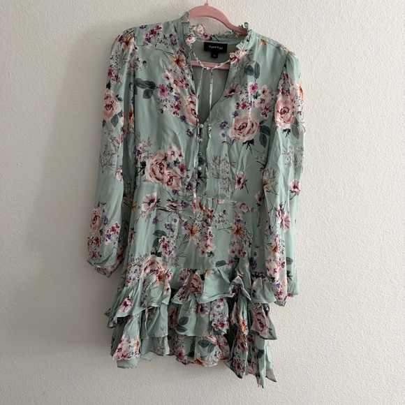 Yumi Kim Jenna Mint Floral Ruffle Long Sleeve Mini Dress Size Small - Picture 3 of 7